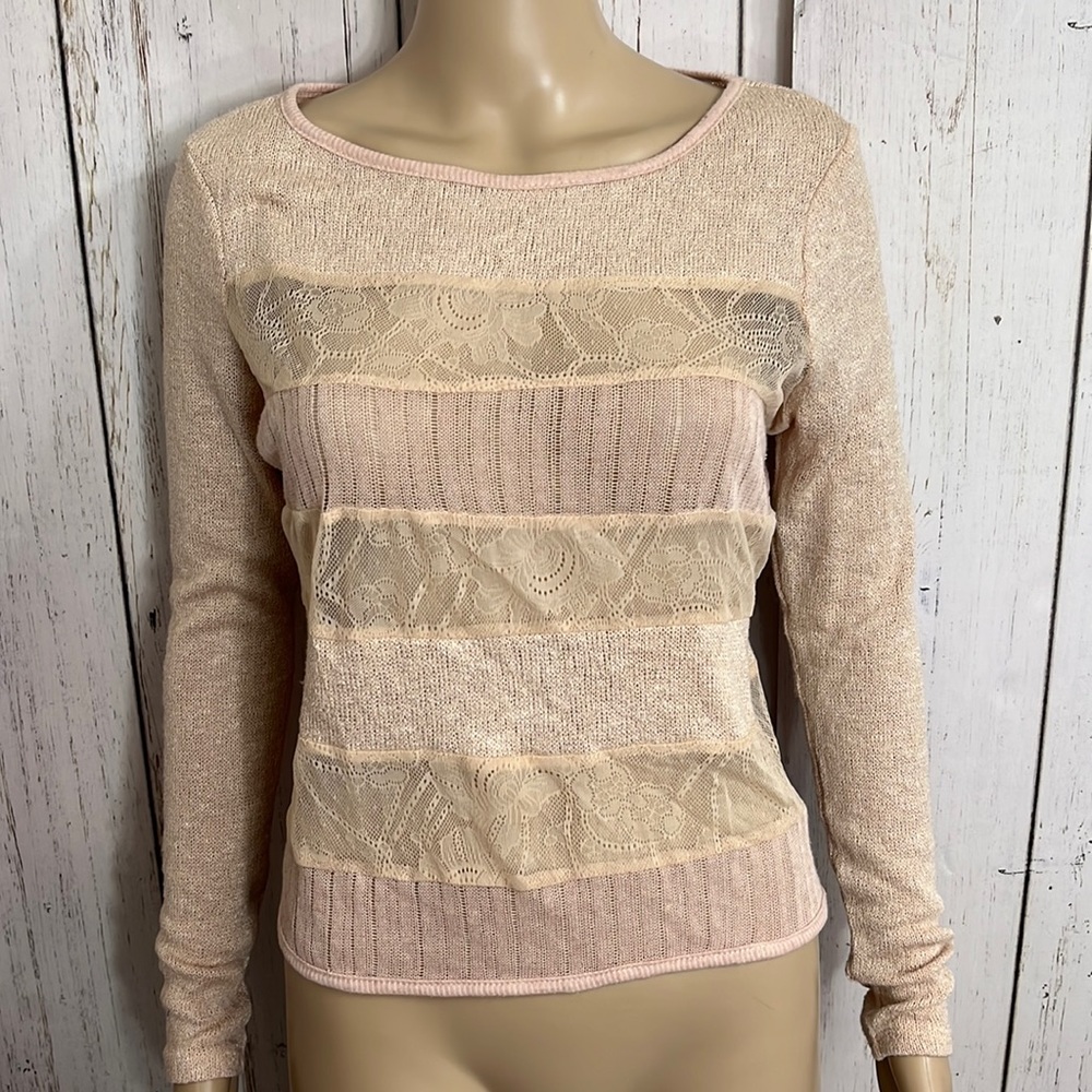 Anthropologie Beige Lace Stripe Blouse